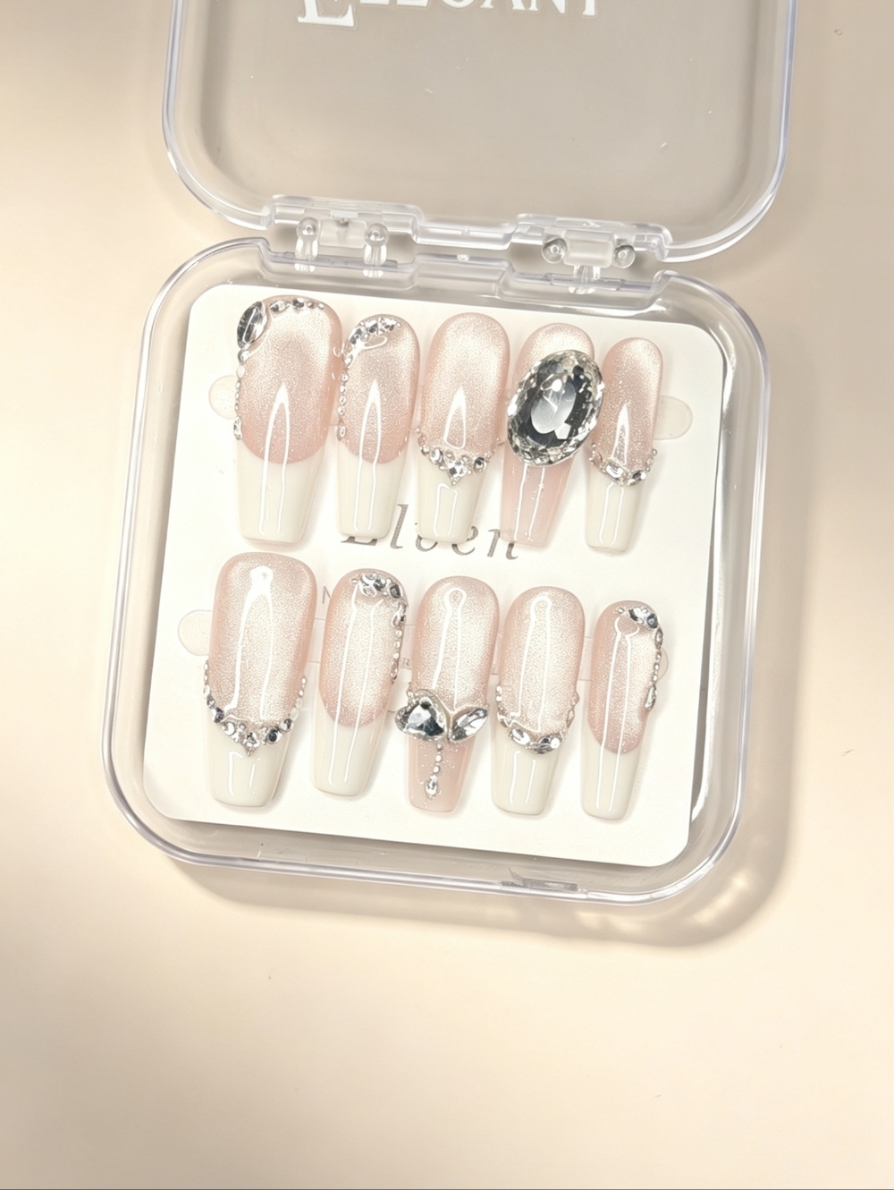 Nude Cat Eye and White French Tips Long Coffin Press On Nails With Rhinestones